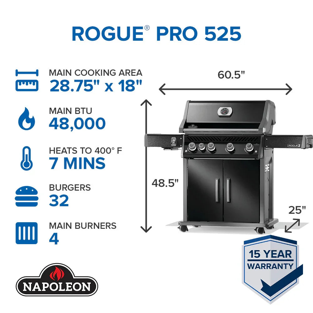 Rogue® PRO 525 SIB LP Gas Grill with Infrared Side Burners, Black
