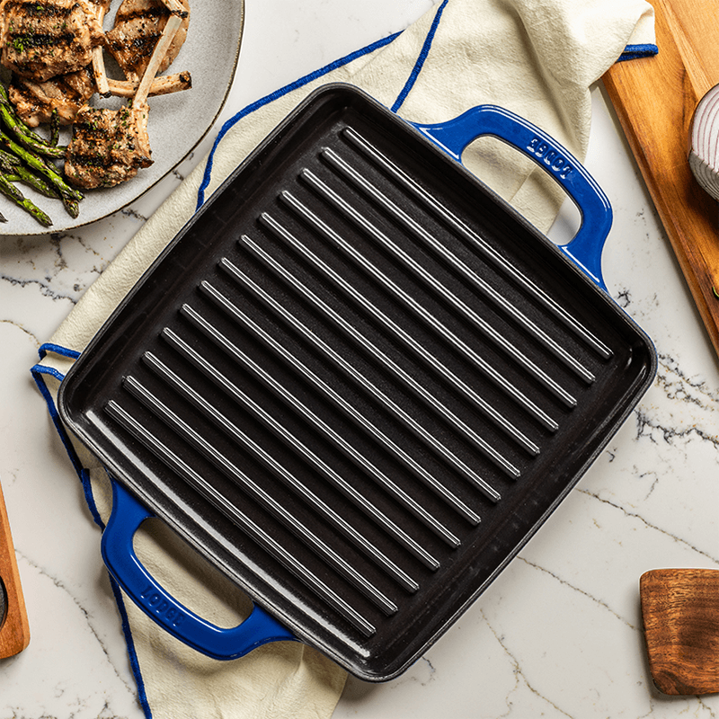 Lodge Blue Enamel 11” Enameled Cast Iron Grill Pan - Indigo Pool Patio BBQ
