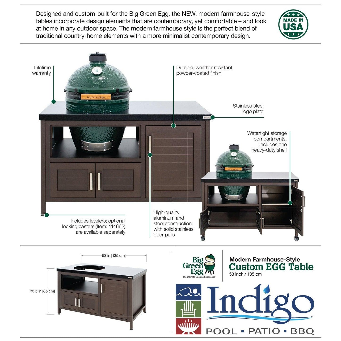 53" Modern Farmhouse-Style Big Green Egg Table Big Green Egg Indigo Pool Patio BBQ
