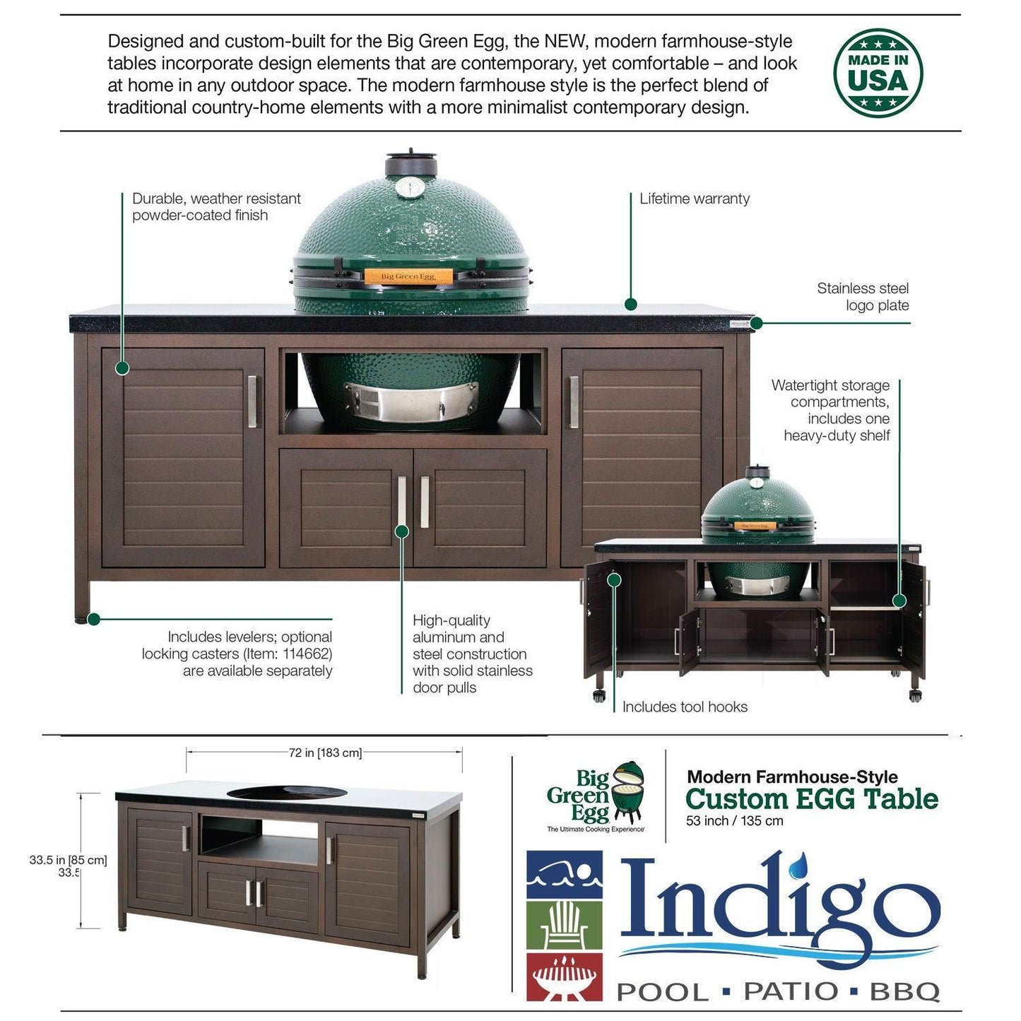 69" Modern Farmhouse-Style Big Green Egg Table - Indigo Pool Patio BBQ