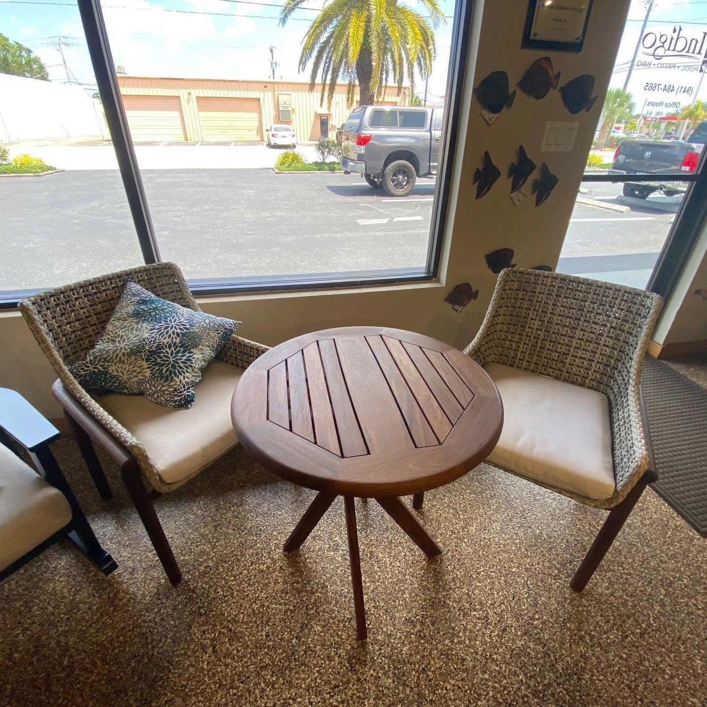 Jensen Forte Arm Chairs & Topaz Bistro Table Set Jensen Outdoor Indigo Pool Patio BBQ