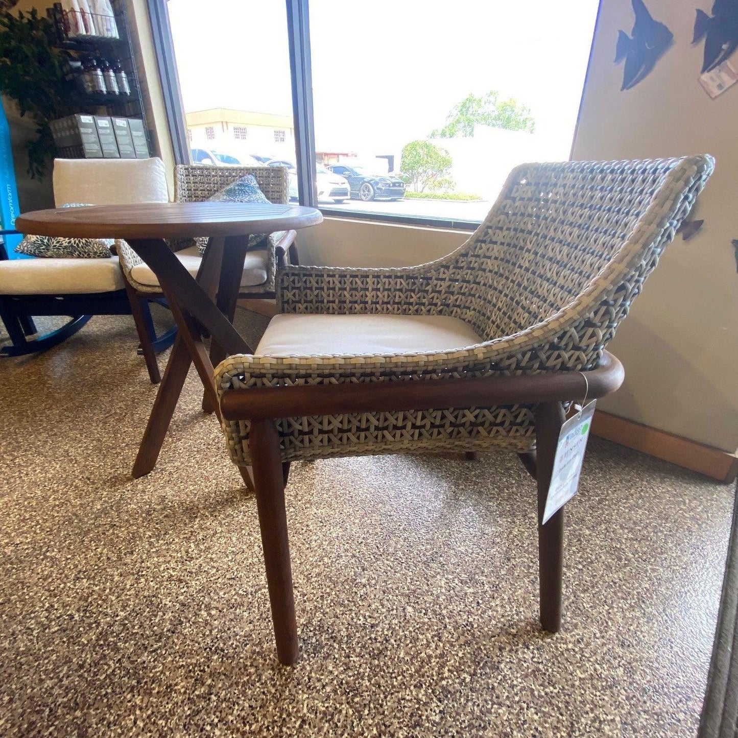 Jensen Forte Arm Chairs & Topaz Bistro Table Set Jensen Outdoor Indigo Pool Patio BBQ