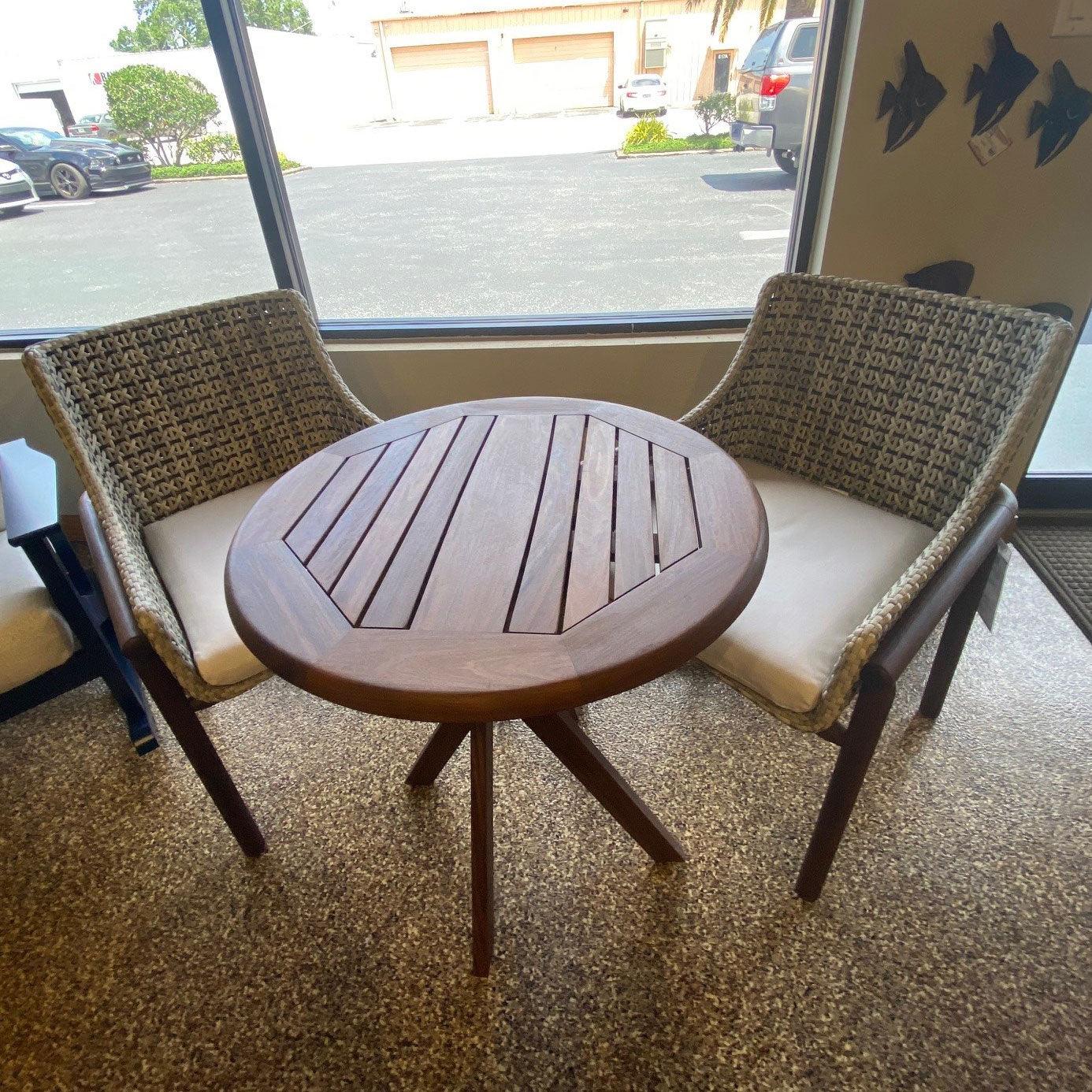 Jensen Forte Arm Chairs & Topaz Bistro Table Set Jensen Outdoor Indigo Pool Patio BBQ