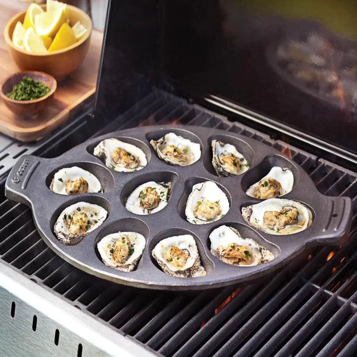 Outset Cast Iron Oyster Pan Outset Indigo Pool Patio BBQ