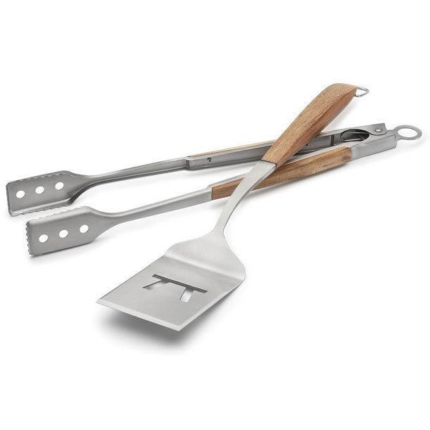 Outset Jackson Acacia Wood Grill Spatula & Locking Tongs Set Outset Indigo Pool Patio BBQ