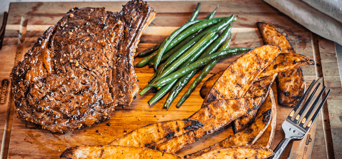 Reverse Seared and Smoked Ribeyes with Potato Wedges on the Grill Recipe - Indigo Pool Patio BBQ