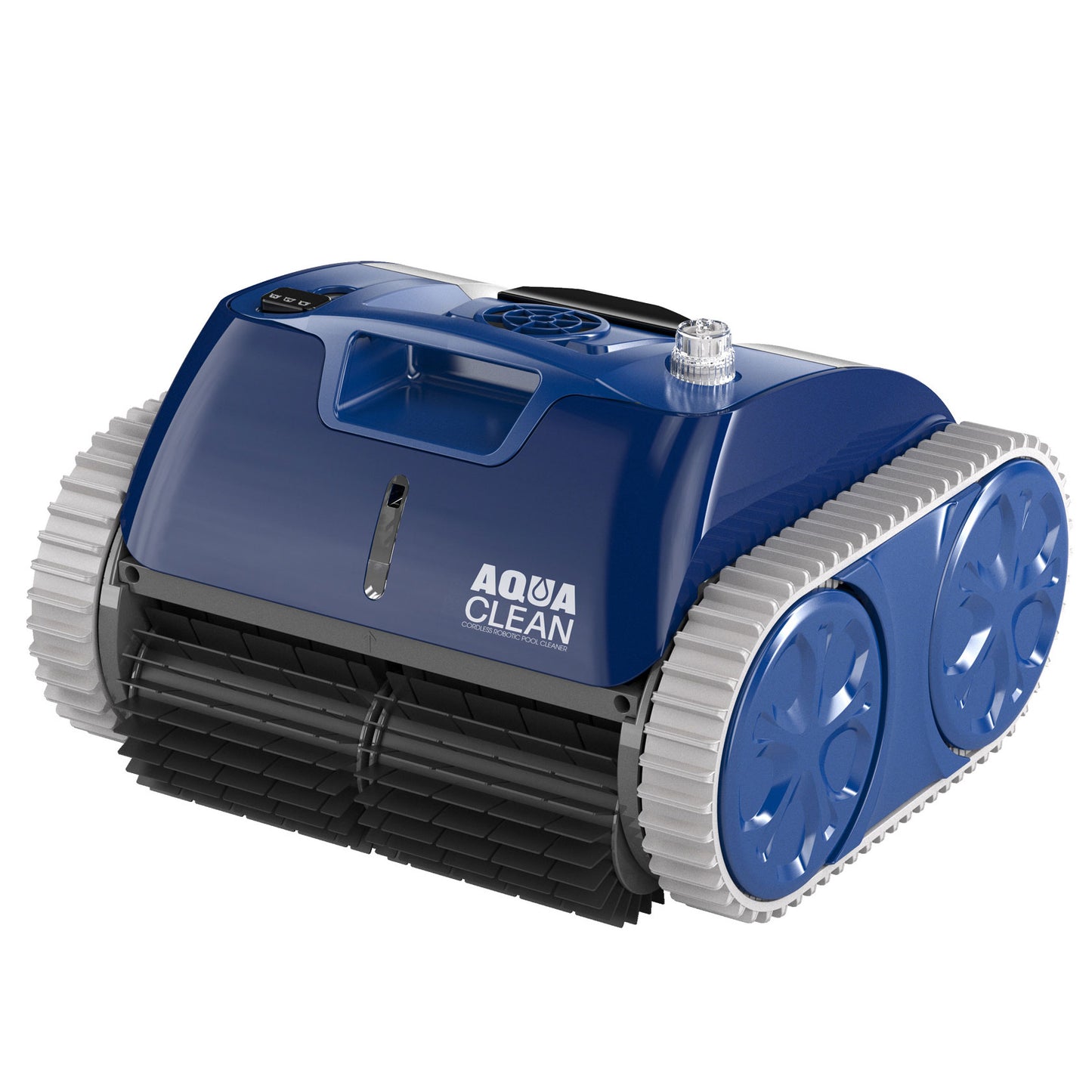 Blue and gray pool cleaning robot with 'Aqua Clean' branding on a white background