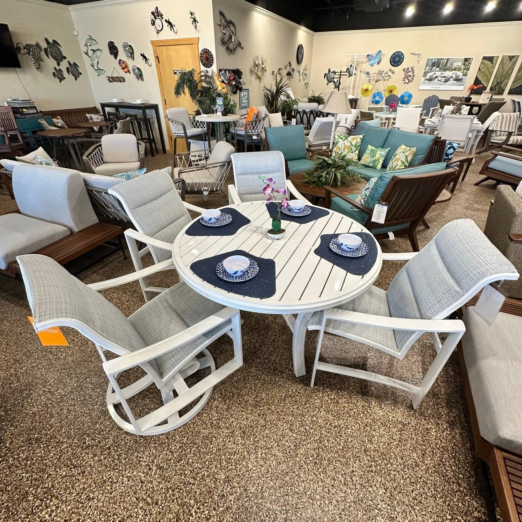 Tropitone Kenzo Padded Sling Dining Set – Indigo Pool Patio BBQ