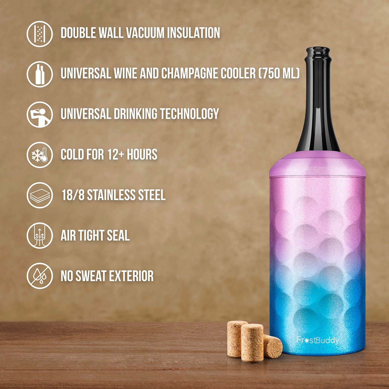 Frost Buddy Universal Wine Buddy (peach) Vacuum Insulated Wine Bottle Cooler & Holder - Double Walled Stainless Steel Wine Chiller - Enjoy Cold Wine